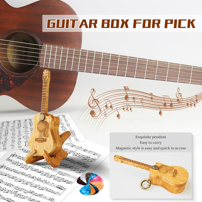 EGOBUY Wooden Guitar Pick Holder, Acoustic Guitar Pick Case, Guitar Pick Box with Stand/Picks, Mini Guitar Shaped Guitar Accessories Keychain Decor, White Elephant Gifts for Men, Music Lovers - Image 3